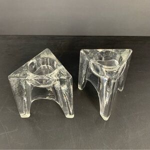 Set Of 2 Votive Candle Holders Glass Triangle Tripods Textured Ice Bark Vtg